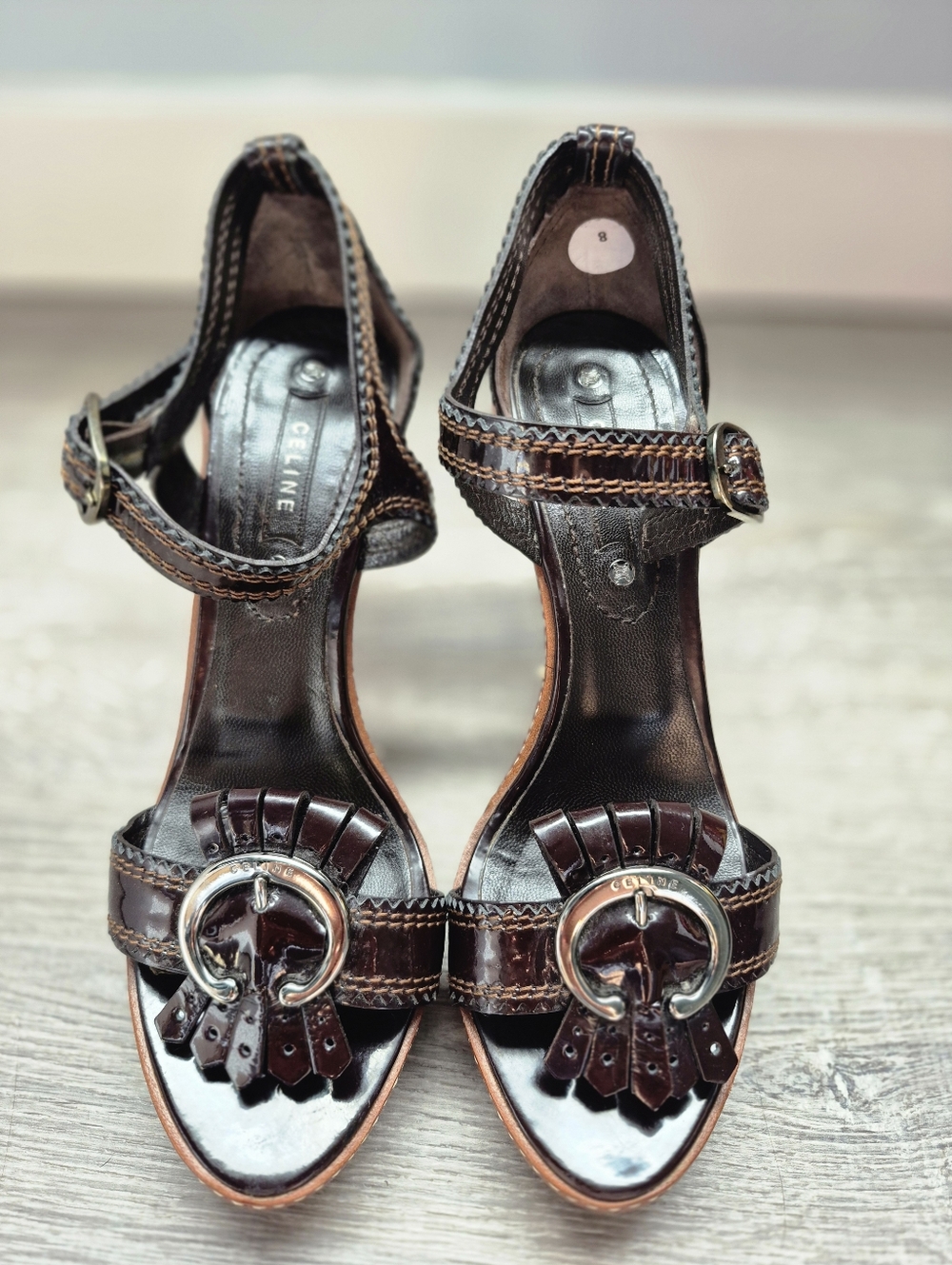 Céline Dark Brown Patent Leather Kiltie Buckle Sandal Heels Sz 7.5 Eu 37.5